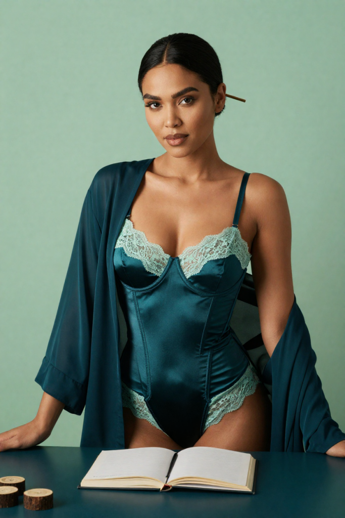 ChuhaiLog muse in a deep-teal satin corset at the journal desk